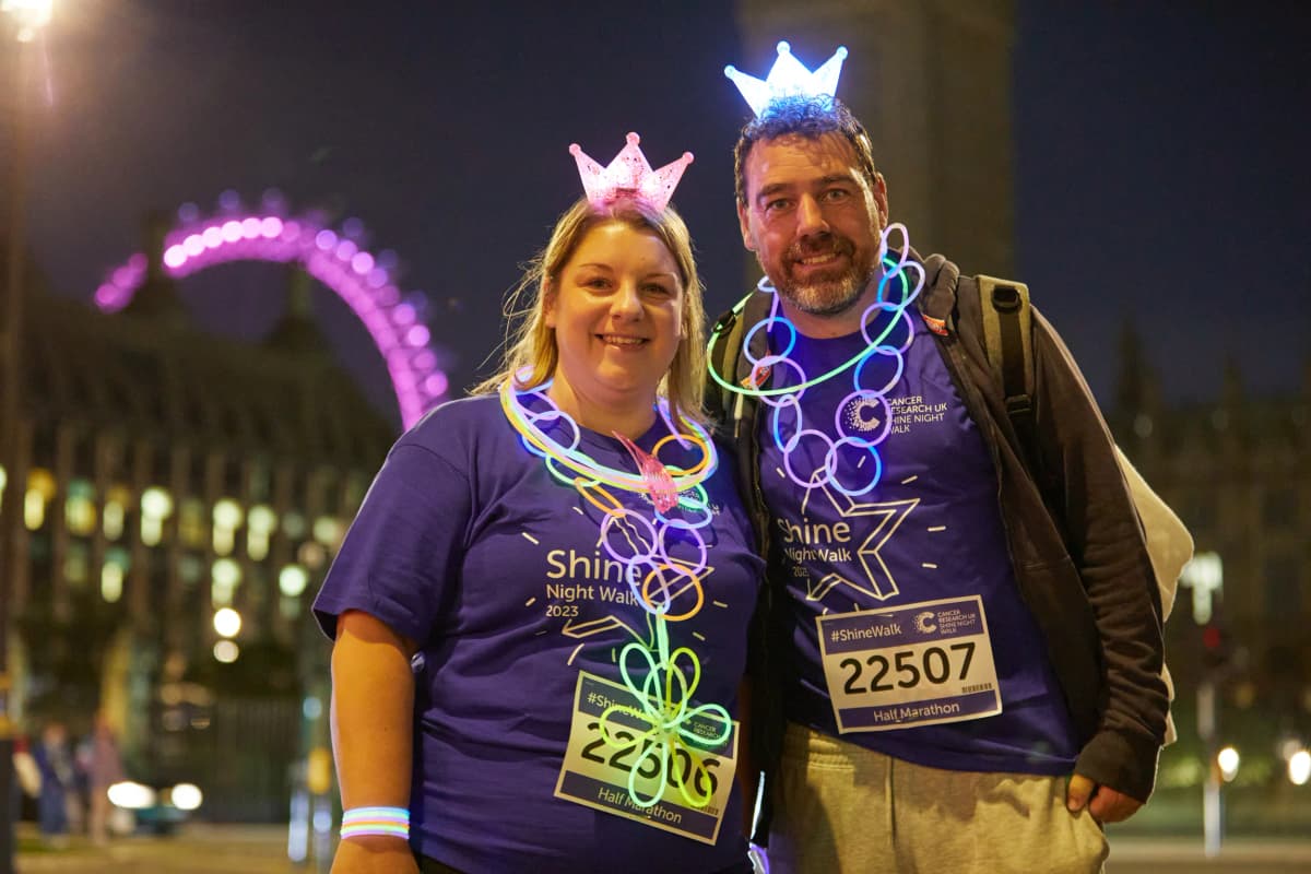 Imagine of a man and woman standing in front of the London eye and wearing colourful accessories.