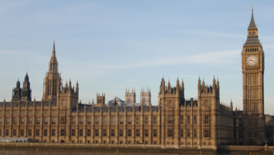 Low angle view of Big Ben and the Houses of Parliament.