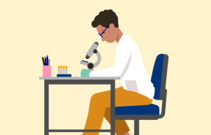 An illustration of a researcher looking through a microscope