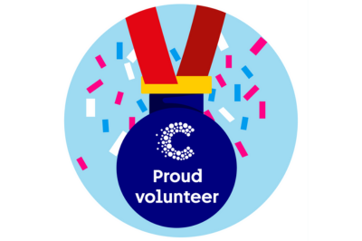 Illustration of a medal that says 'Proud volunteer'
