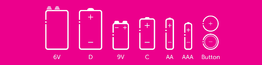 Battery sizes we accept for recycling: 6V, D, 9V, C, AA, AAA, Button