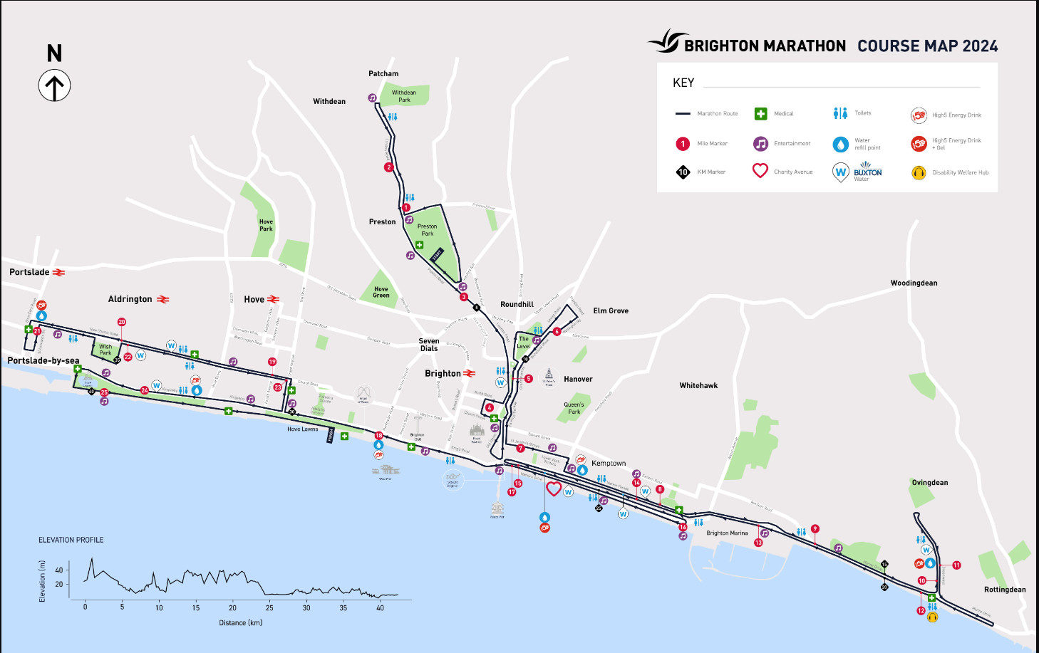 A map of the Brighton marathon course route