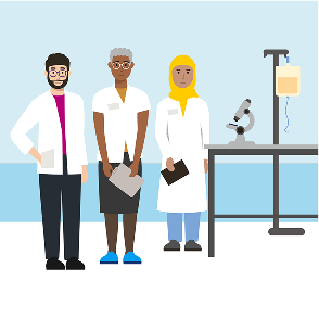 illustration of three scientists in a lab