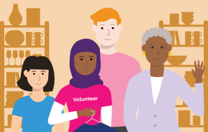 Illustration of volunteers in a Cancer Research UK shop