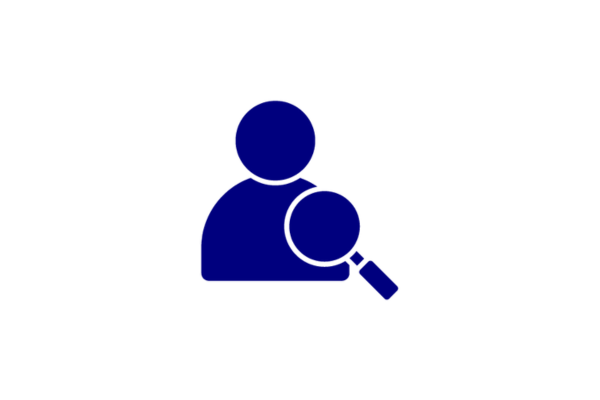 navy icon of person with magnifying glass over them