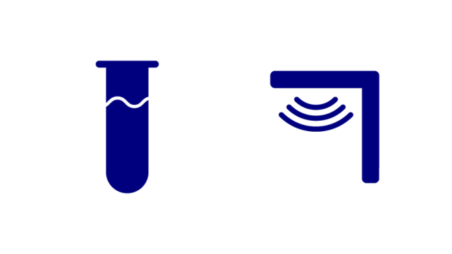 Navy icon of a test tube and radiotherapy machine