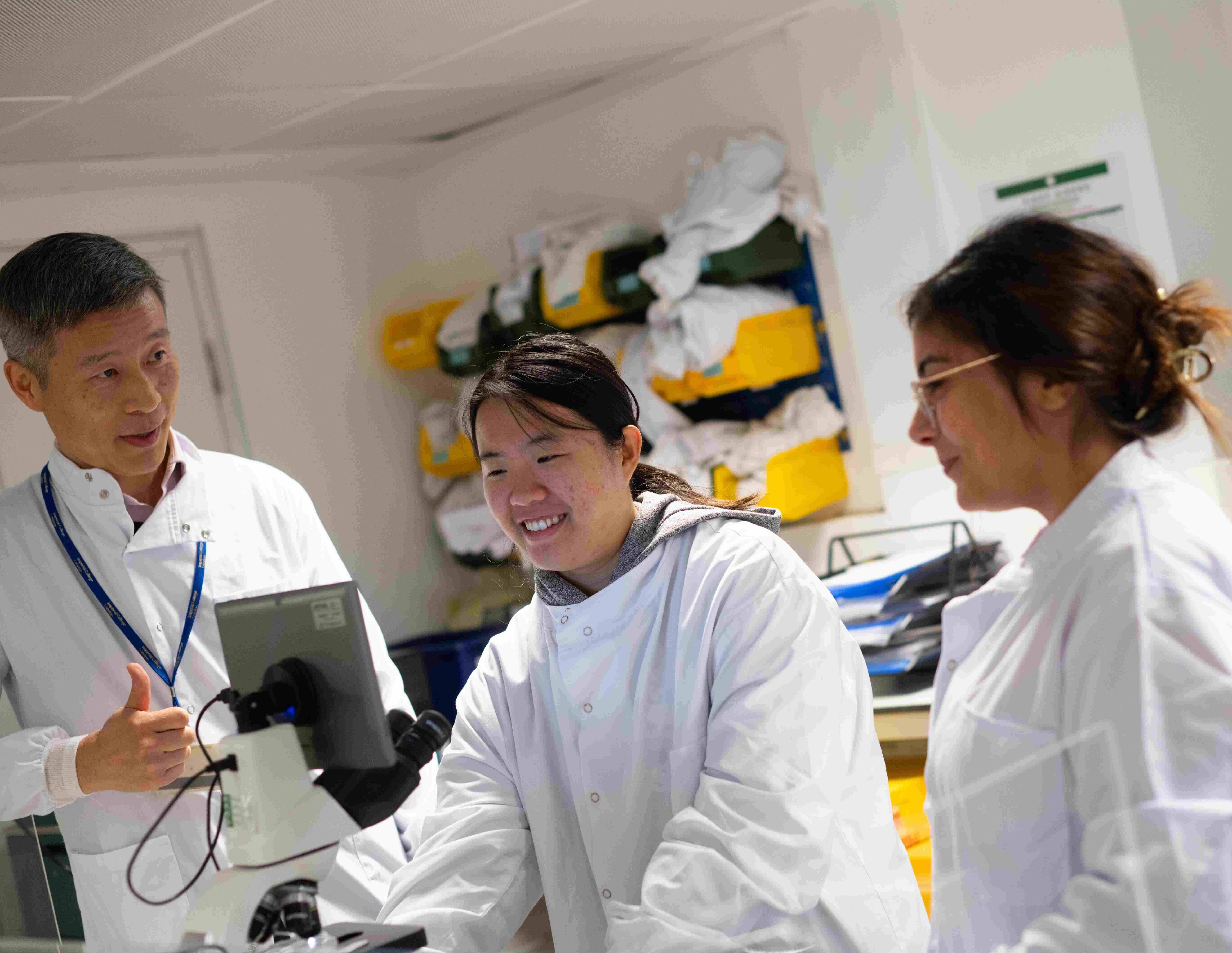 Three researchers having a discussion in a the lab