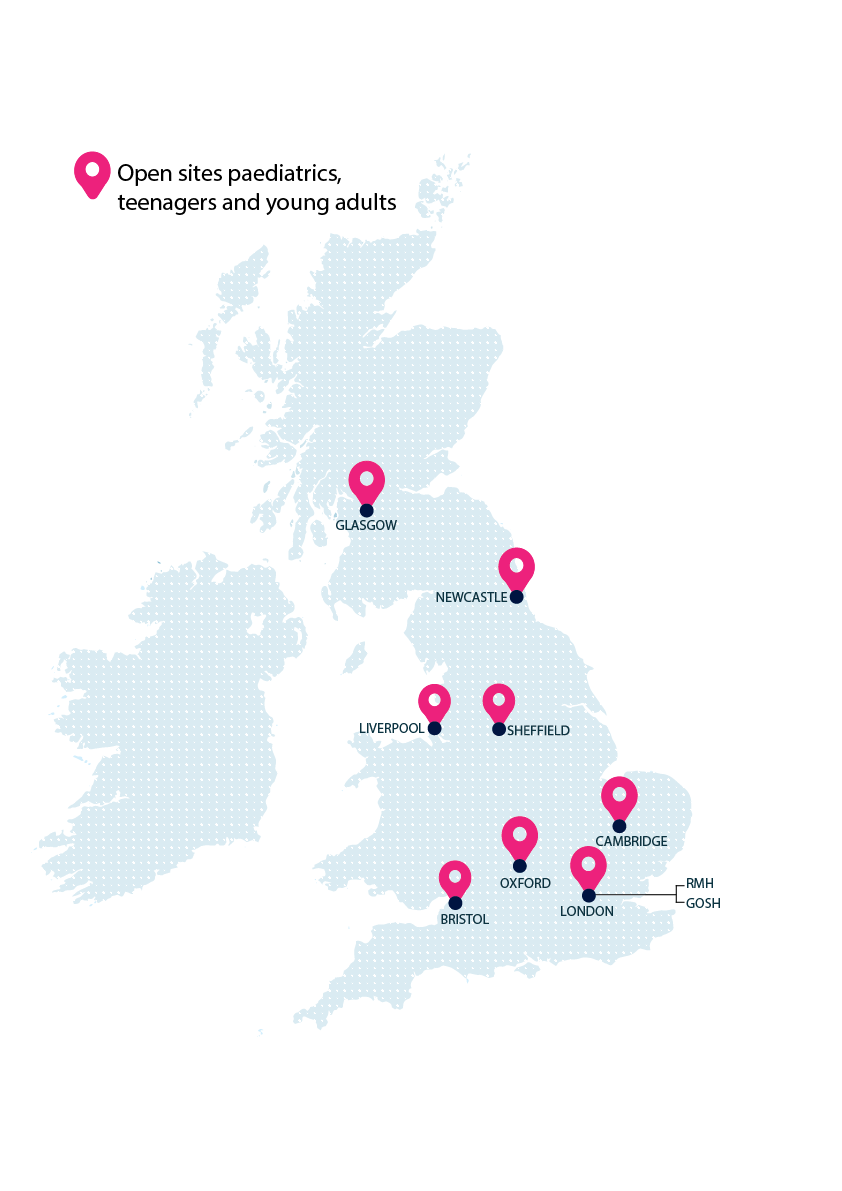 UK map of the open hospitals for paediatric, teenagers and young adult patients