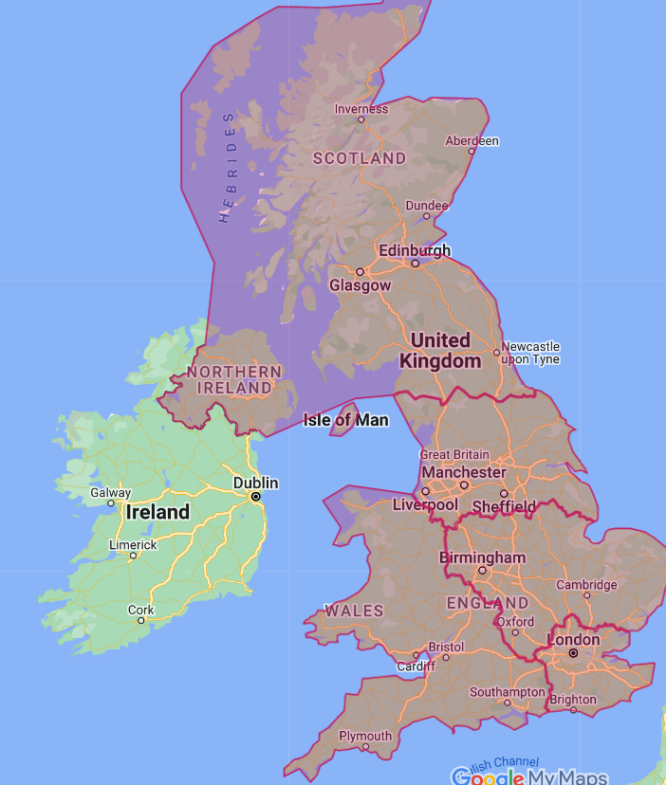 Map of the UK with the divisions outlined