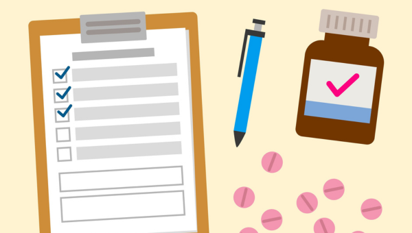 Illustration of a clipboard and medical drugs