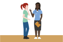 Illustration of two people talking with one person holding a clipboard