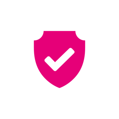 Pink icon of a shield with a tick in the middle