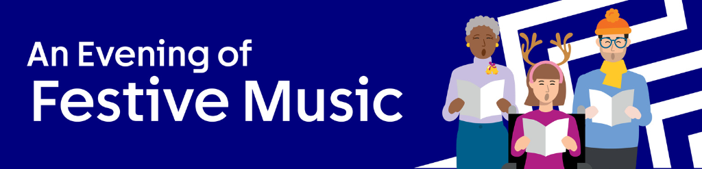 Illustration that reads 'An Evening of Festive Music' with 3 carol singers singing